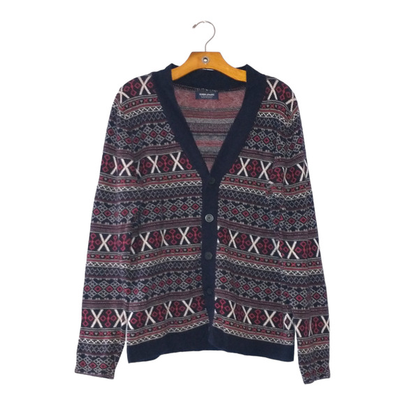 Zara Young Fair Isle V-Neck Cardigan Sweater Navy Red Medium Cozy Warm Cute - Picture 5 of 8